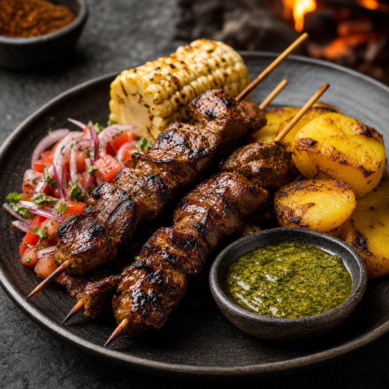 Anticuchos a la parrilla con papas doradas, choclo y chimichurri