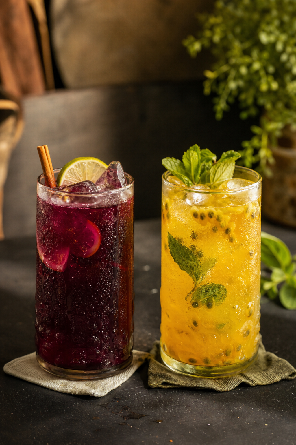 Vasos de chicha morada y refresco de maracuyá con hielo y hierbabuena