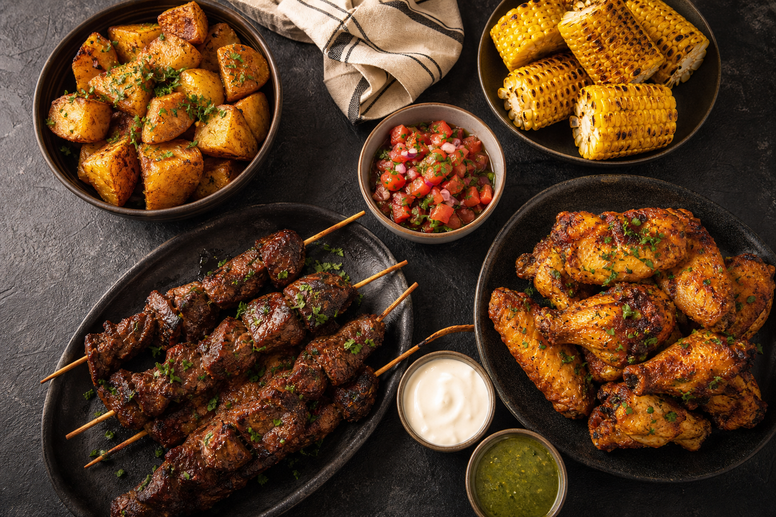Mesa completa con anticuchos, alitas, papas, choclo y cremas para compartir