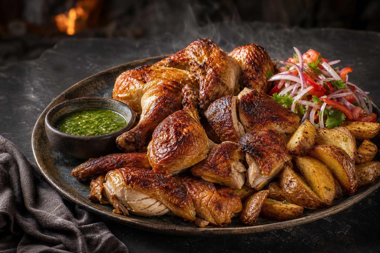 Fuente de pollo a la brasa trozado con papas doradas, ensalada criolla y ají de la casa