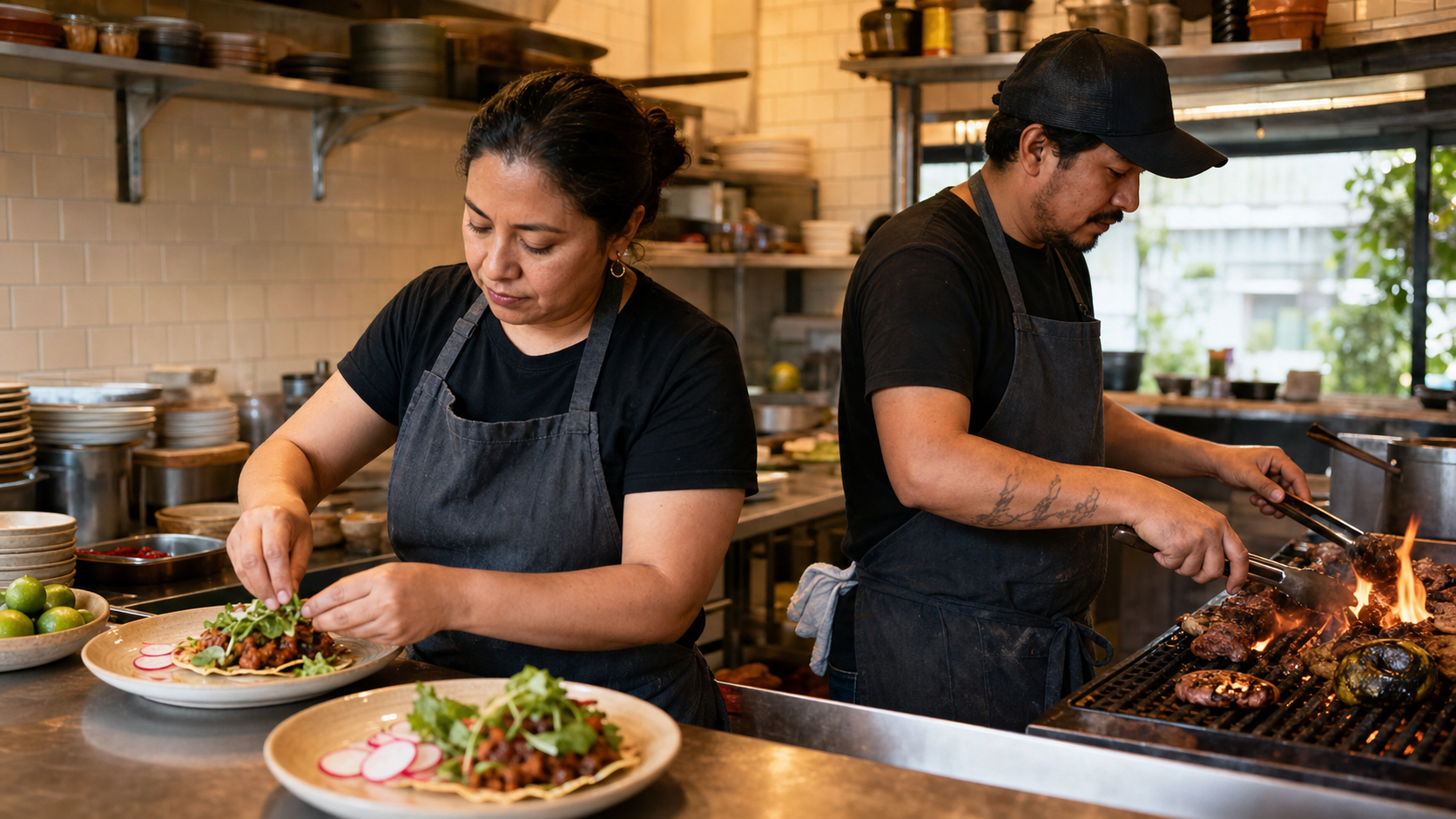 Dos cocineros emplatando y atendiendo la parrilla en la cocina abierta del local
