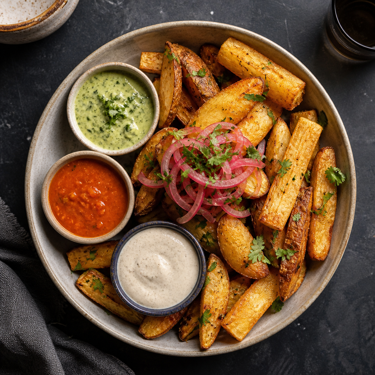 Fuente de papas y yucas fritas con tres cremas de la casa