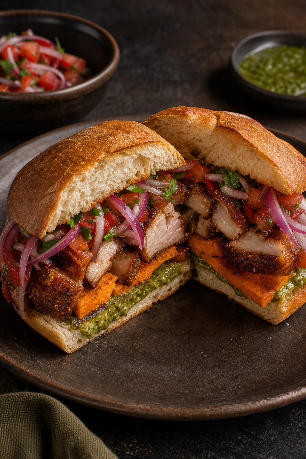 Sánguche criollo partido en dos con salsa verde y sarza de cebolla